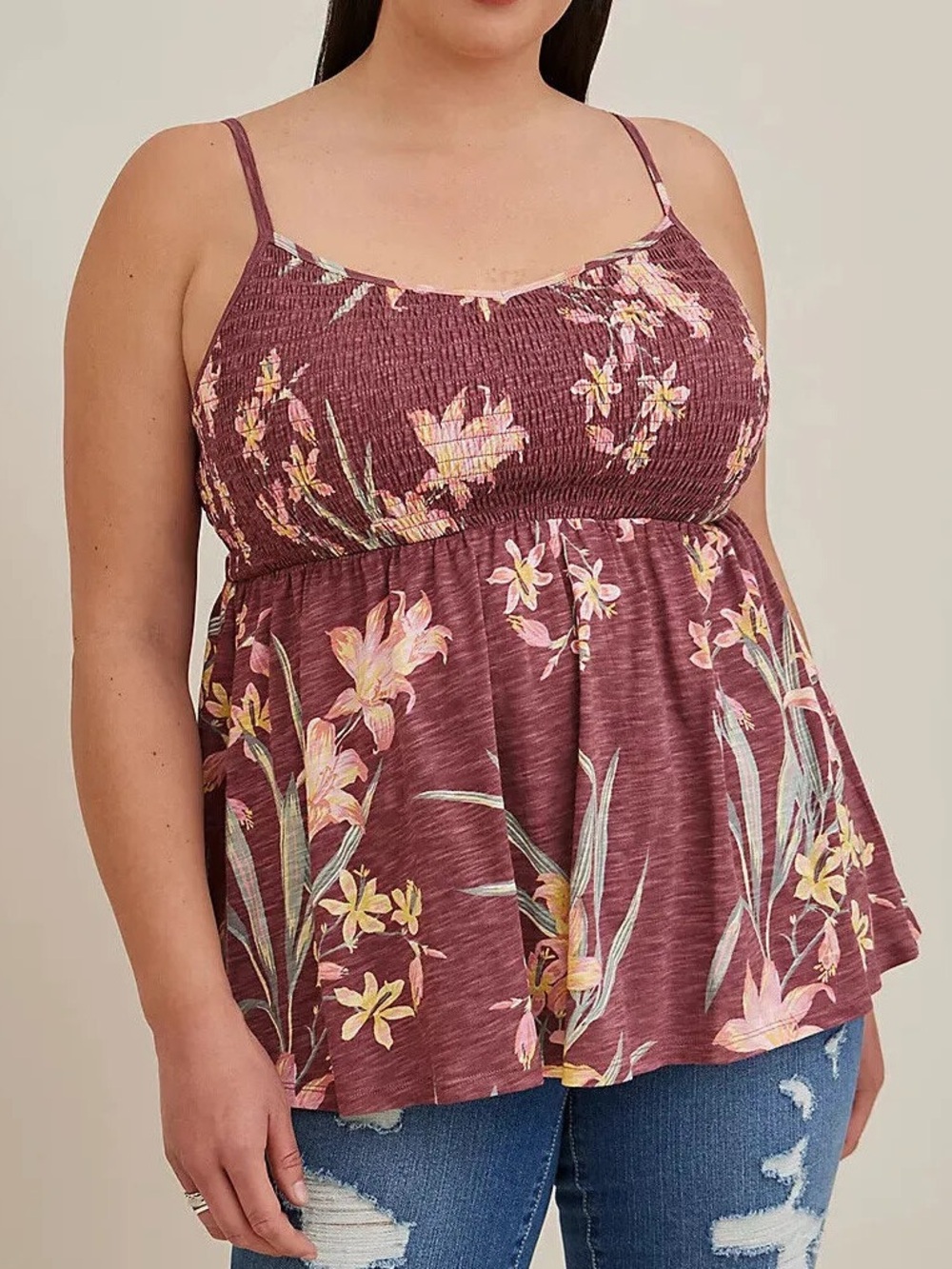 Torrid V-Neck Smocked Babydoll Tank Top Floral Slub 5X